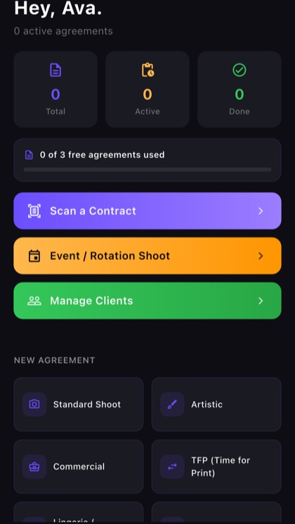 Model Agreement app home screen with agreement templates, clients, documents, and scanner tools